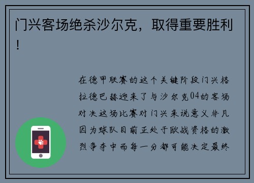 门兴客场绝杀沙尔克，取得重要胜利！
